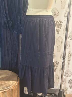 Silk Boho Coach 1941 Navy Pinstripe Tiered Midi Skirt Size 10